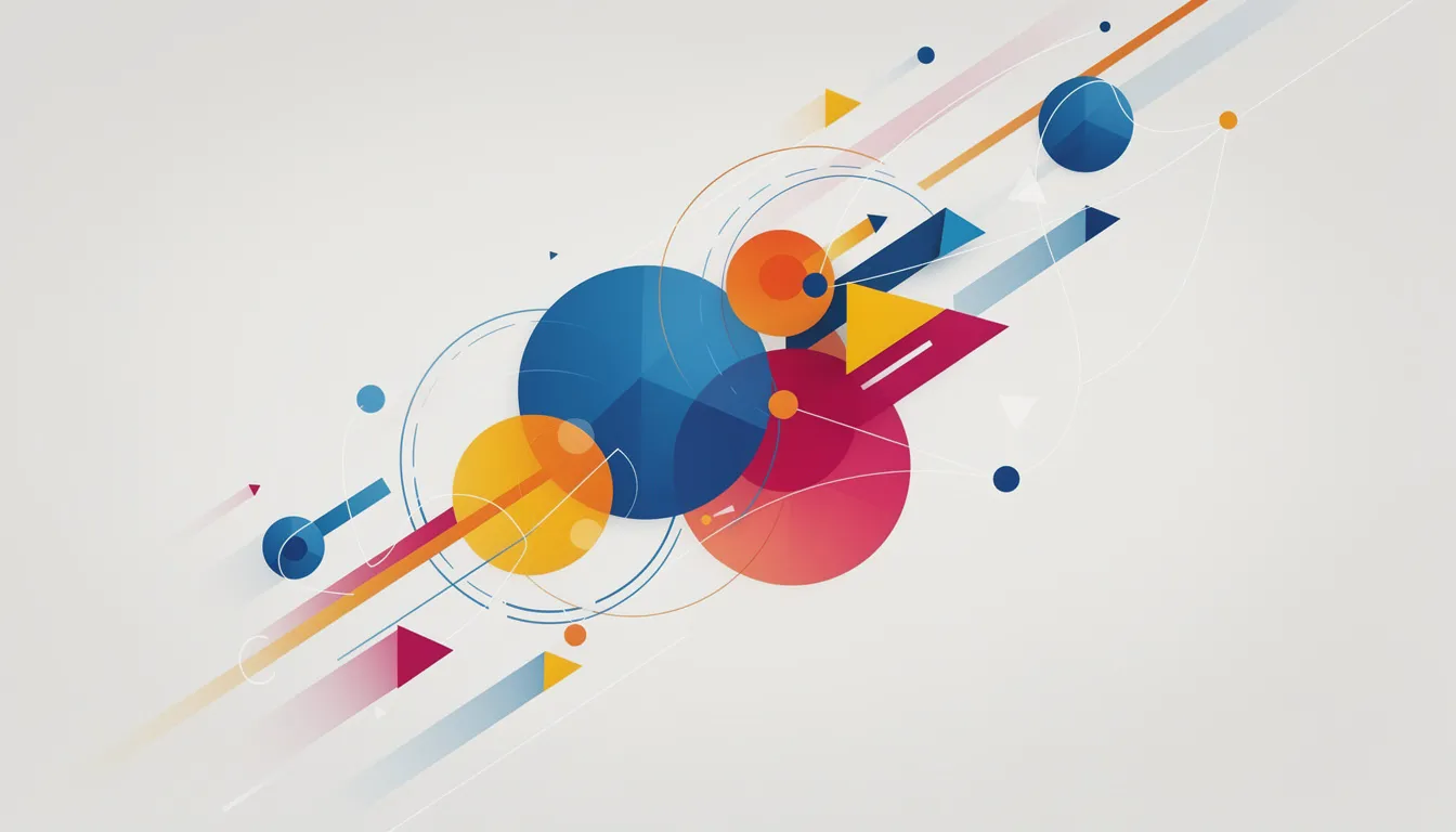 L'image présente des formes géométriques colorées qui évoquent des concepts abstraits tels que le mouvement et la connexion, créant ainsi une composition dynamique et moderne. Ces éléments visuels pourraient inspirer des choix de design pour une identité visuelle ou un logo d'entreprise.