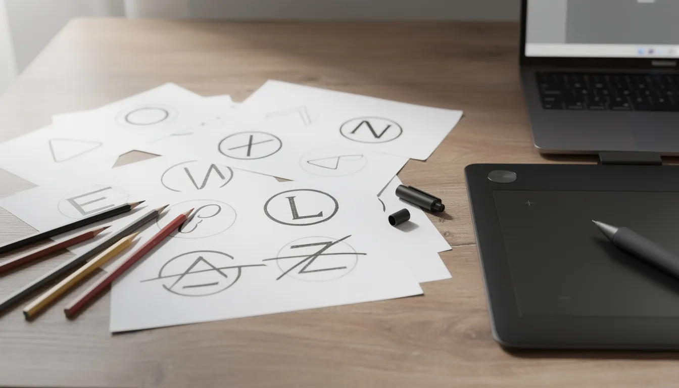 L'image montre un espace de travail de graphiste, rempli de croquis de logos, de crayons colorés et d'une tablette graphique, illustrant le processus de création d'une identité visuelle pour une marque. Cet environnement créatif reflète les éléments essentiels du design et du branding, essentiels pour développer une image de marque efficace.