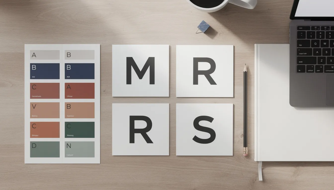 Une palette de couleurs avec des échantillons de typographies modernes est soigneusement disposée sur un bureau, illustrant les éléments essentiels pour le branding et l'identité visuelle d'une entreprise. Les initiales des différentes polices et couleurs sont présentées, soulignant l'importance de ces choix dans l'image de marque.